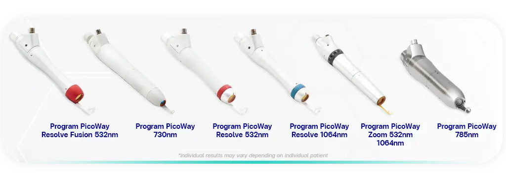 picoway laser handpiece lineup for tattoo removal including resolve 532nm 730nm 785nm 1064nm and zoom modes used at bsl clinic bangkok thailand for pico laser tattoo removal in thailand tattoo remove